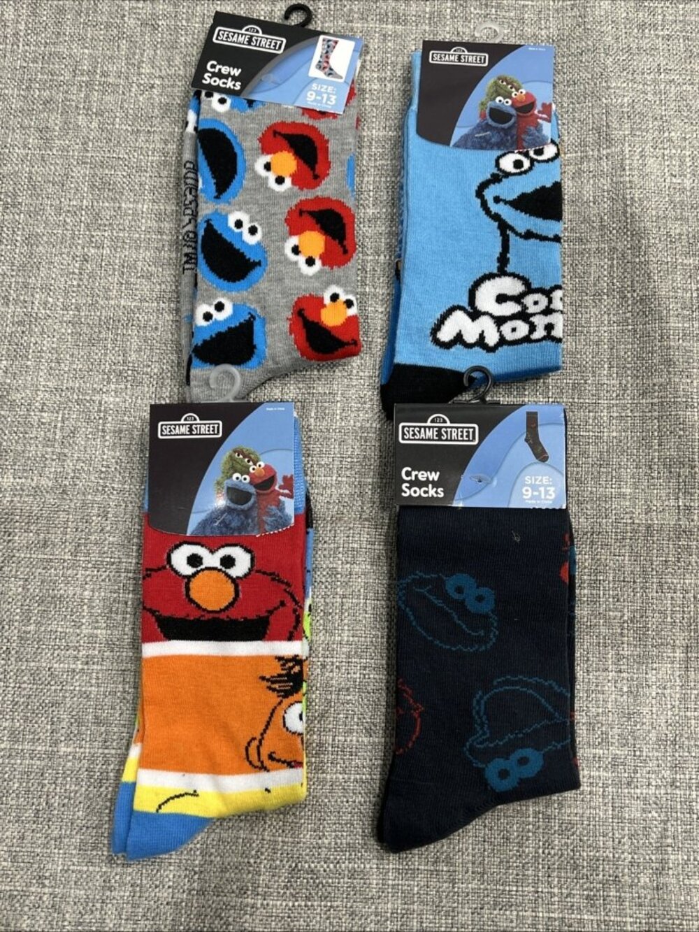 Lot of 4 Novelty Crew Socks Pop Culture Sesame Street Elmo Cookie Monster Burt